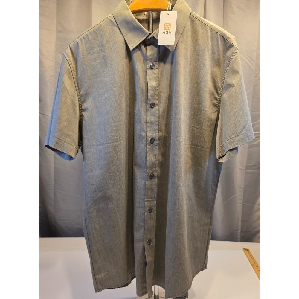 H2H Mens Short Sleeve Button Down Shirt Gray Cotton Blend Stretch KMTS150 Size L